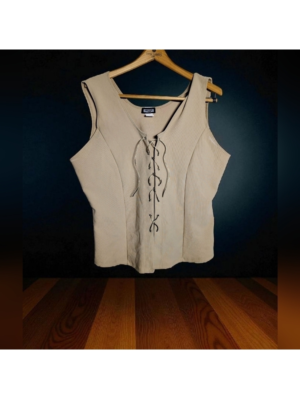 Awesome Wear Vintage Cream Lace-Up Tank Top Vest 3XL